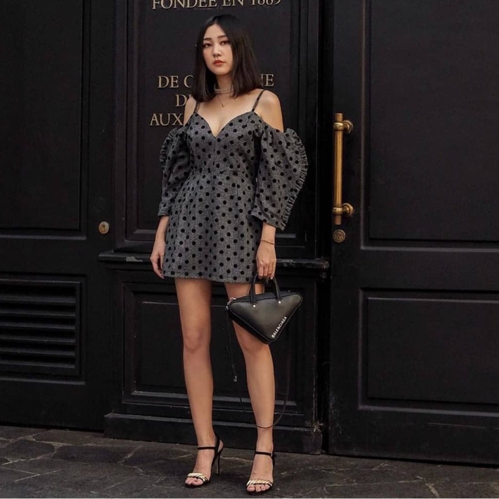 Delphine Wool-Blend Mini Dress Gray with Black Polka Dots, Puff Sleeves, Size 4